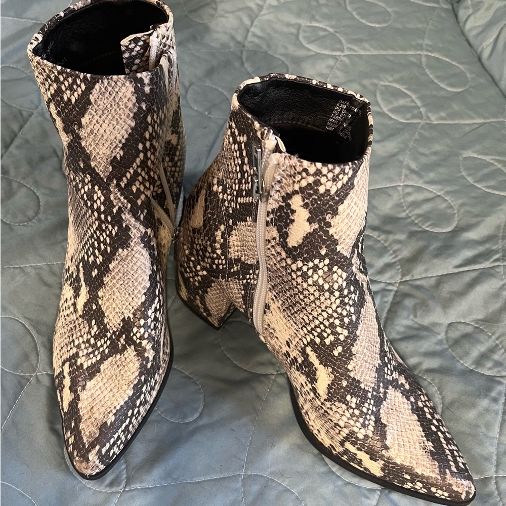 Madden Girl Snake-Print Pointed Toe Ankle Boots - Beige/Black